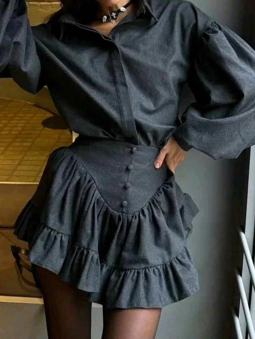 Women's Drop Shoulder Long Sleeve Button-Up Shirt And Ruffle Hem Solid Skirt